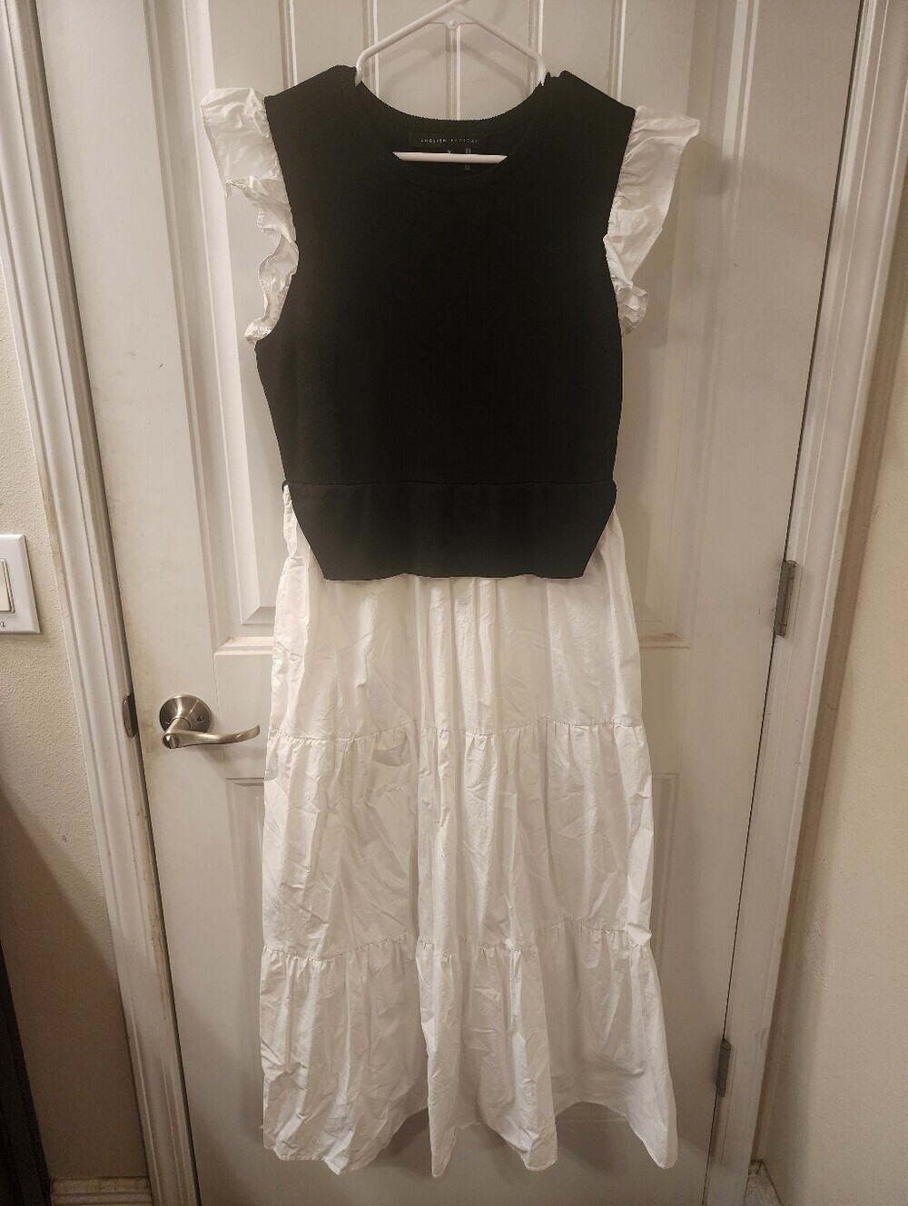 English Factory Mixed Media Ruffle Maxi Dress Black White Tiered M